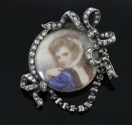 A 19th century gold and silver, rose cut diamond and mother of pearl mounted miniature portrait brooch